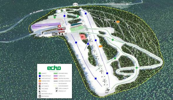 Echo Mountain's printed trail map showing lifts, runs, tubing lanes, and the two parking lots