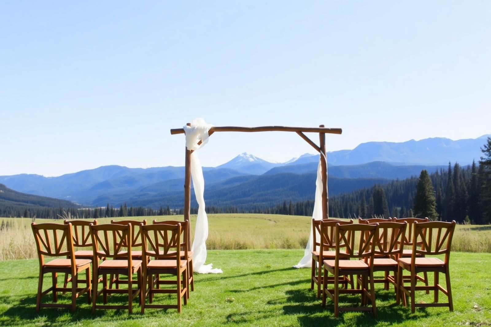 Outdoor ceremony setup with wooden chairs facing the Continental Divide