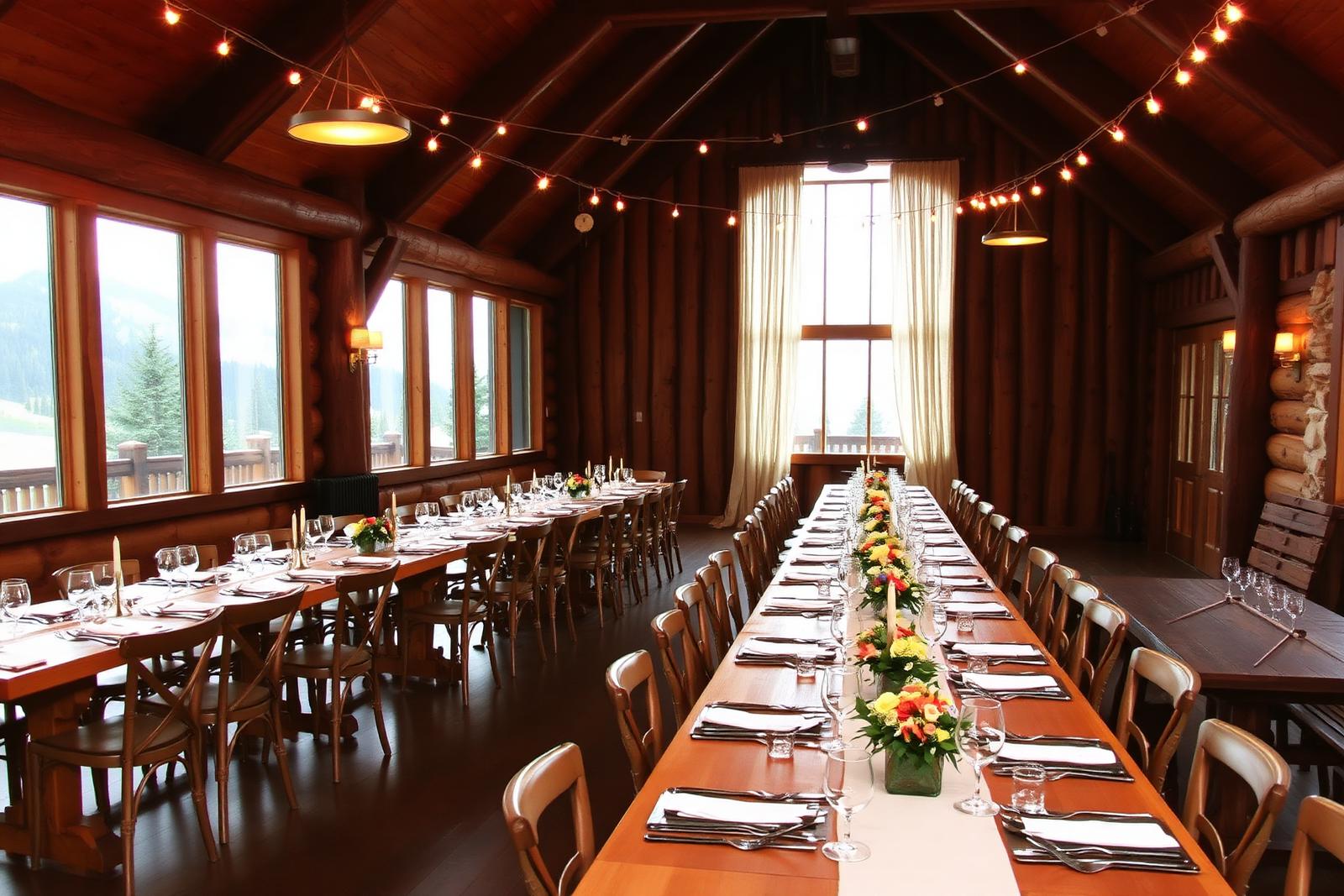 Lodge interior set for a reception with long tables and string lights